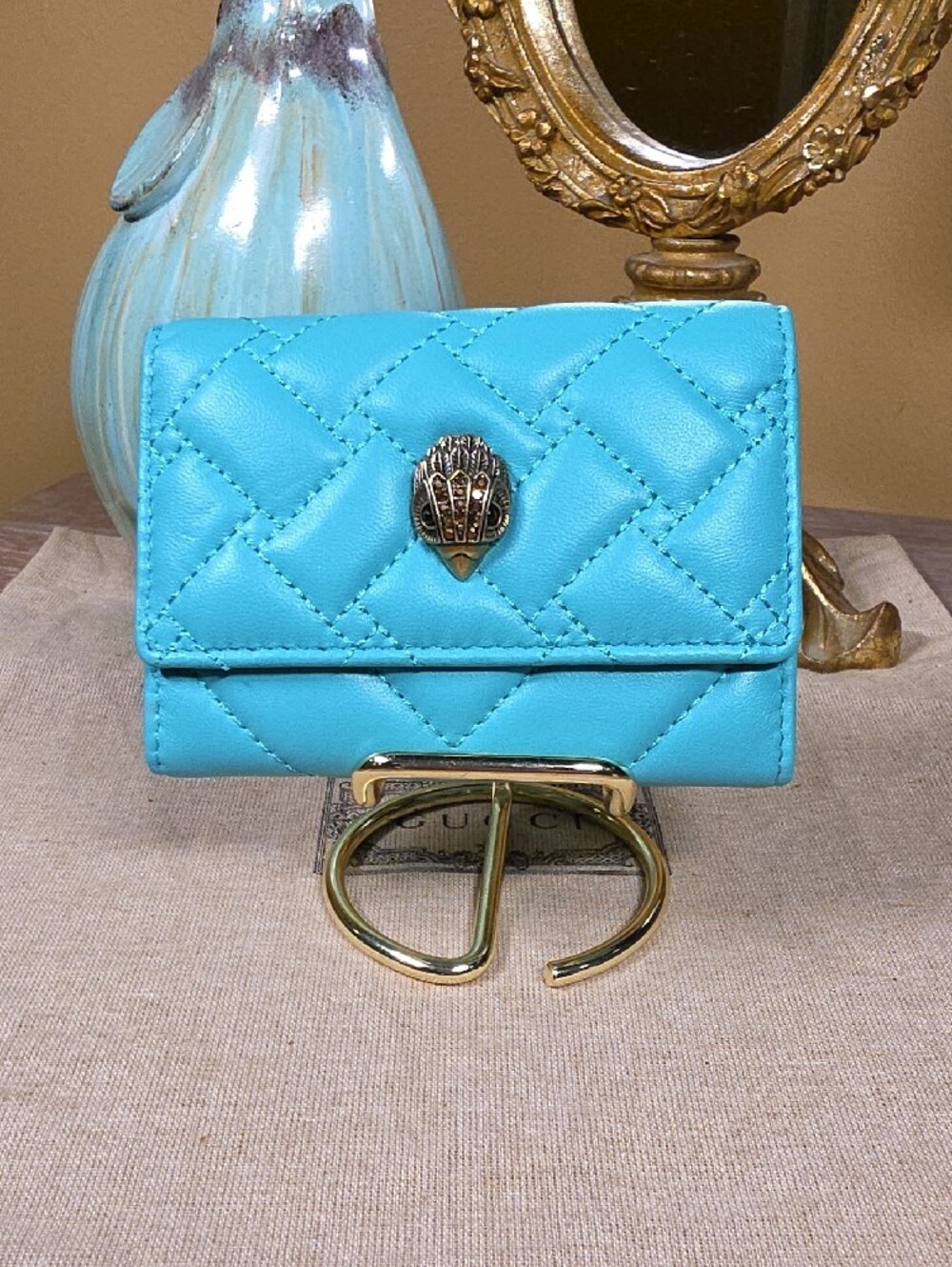 Kurt Geiger Turquoise Green Quilted Mini Wallet with Gold Crest NWT! - Picture 5 of 11
